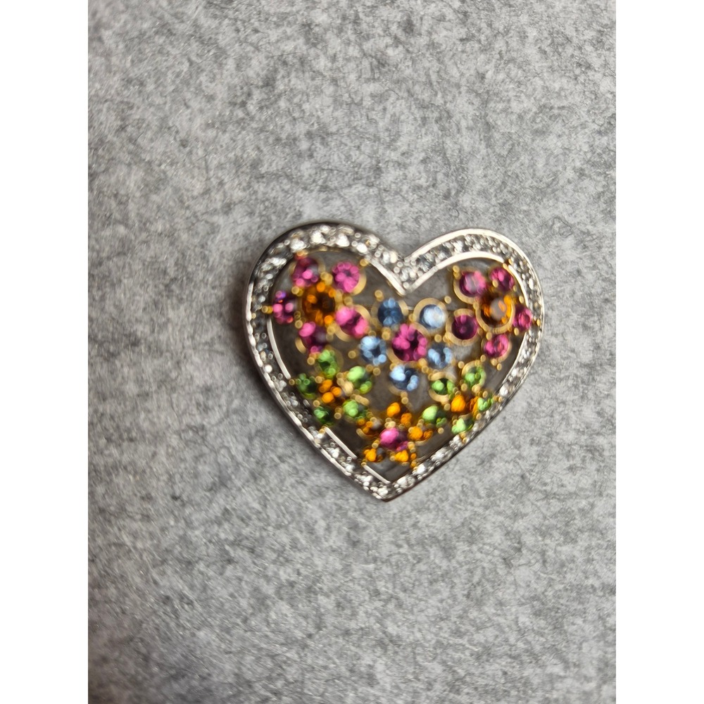 Vintage Heart Brooch Pin Multi Color Rhinestone Crystal Flowers Silver Tone Gold